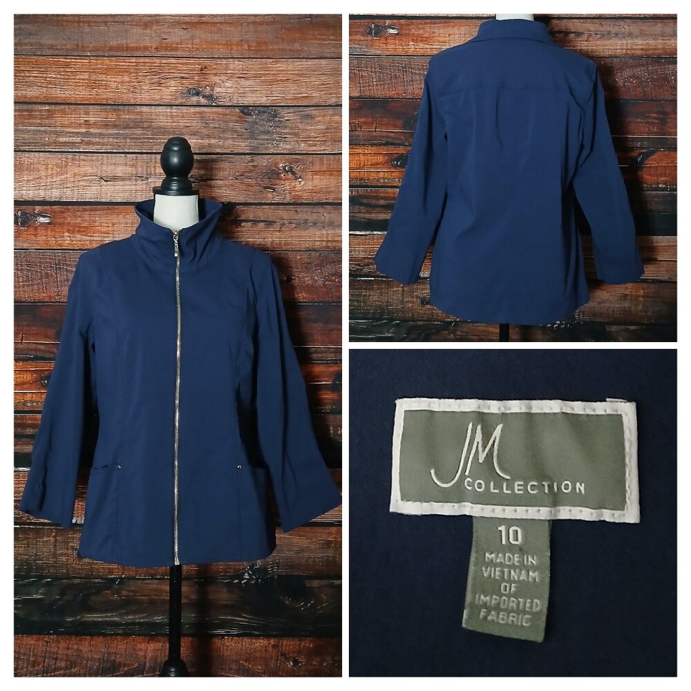 JM Collection Jacket 10 Navy Blue Ponte Full Zip 3/4 Sleeve Pockets